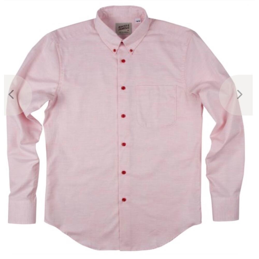 Naked & Famous Pink Oxford real strawberry dyed fabric button up shirt sz XLarge